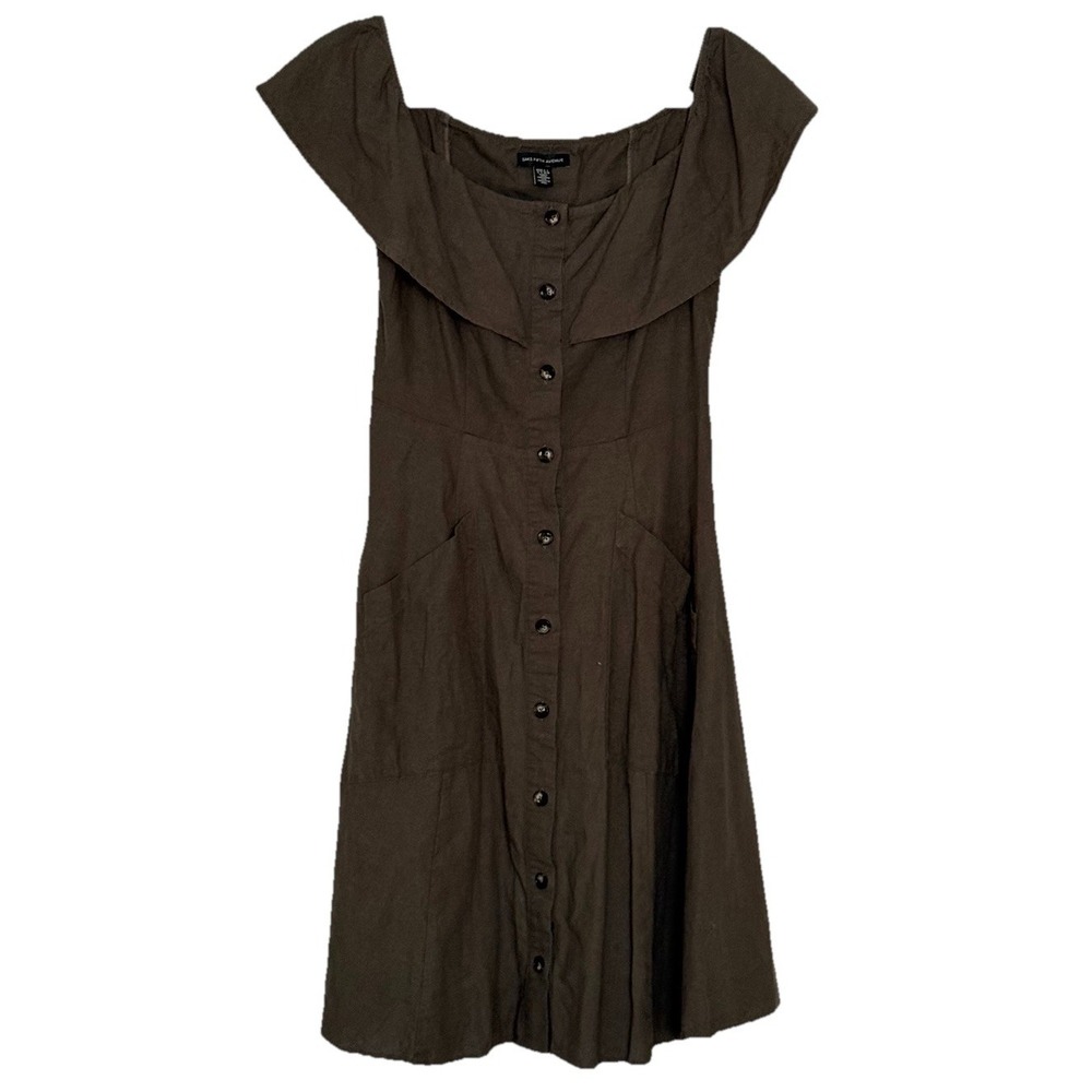 Saks Fifth Avenue Olive Green Linen‎ Blend Off Shoulder Dress Size 6